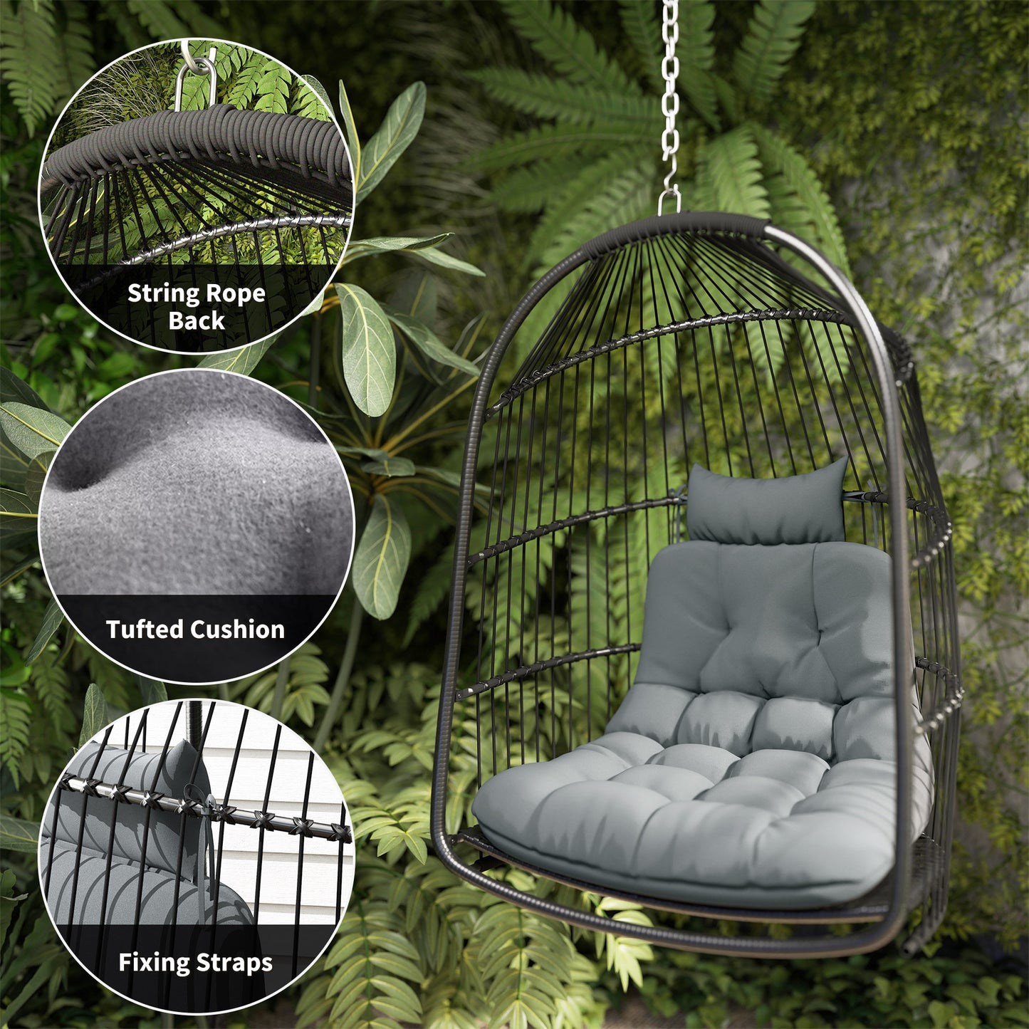 Hanging Egg Chair, Foldable Rattan Garden Swing Chair with Installation Kit, Thickened Cushion and Headrest