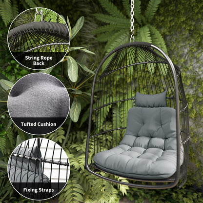 Hanging Egg Chair, Foldable Rattan Garden Swing Chair with Installation Kit, Thickened Cushion and Headrest