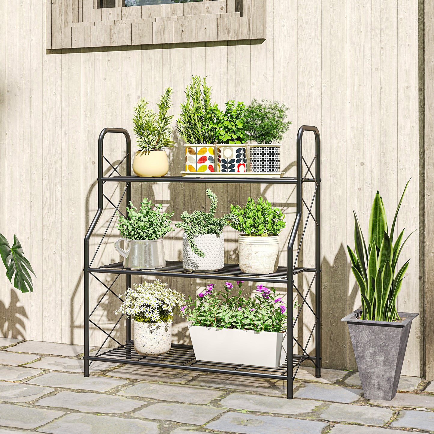 3-Tier Metal Plant Stand, Heavy Duty Ladder Shelf Potted Plants Display Rack, Indoor Outdoor Flower Pot Holder