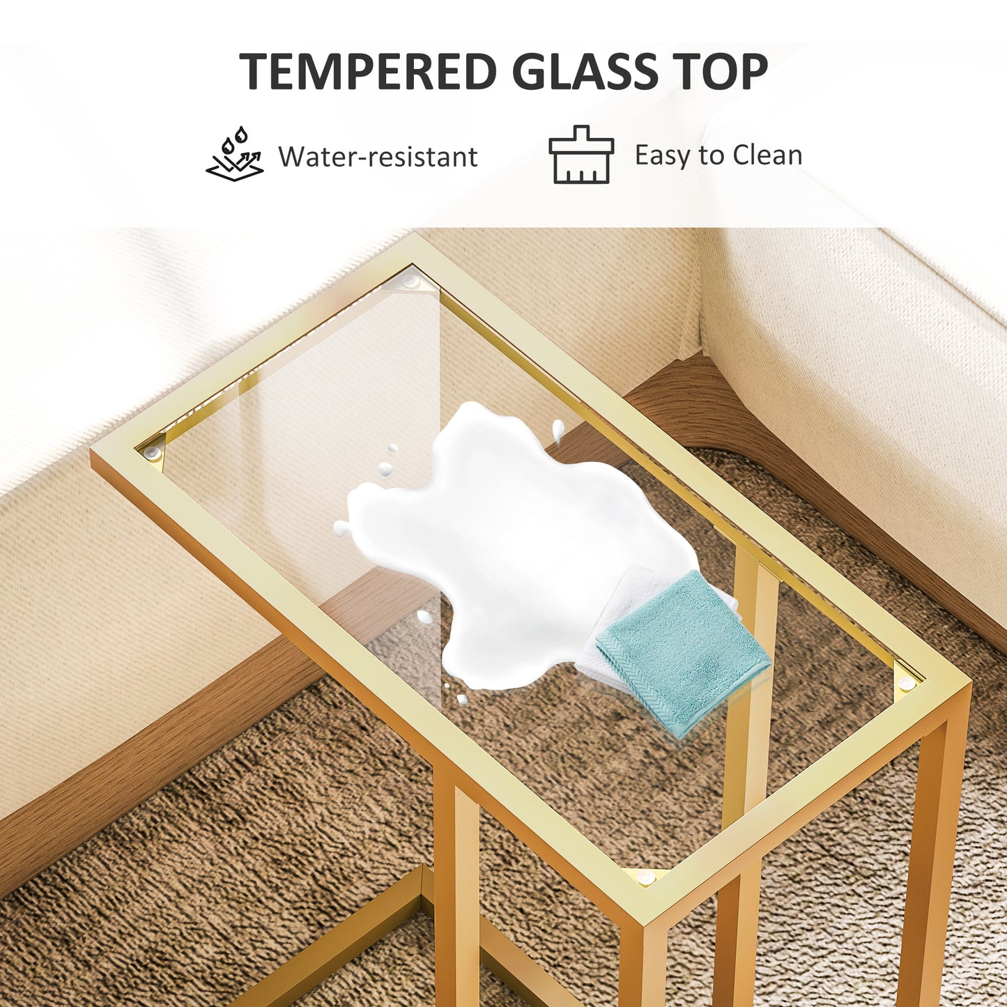 C-Shaped Side Table, Modern Slim End Table with Tempered Glass Tabletop, Steel Frame for Small Space, Living Room, Bedroom