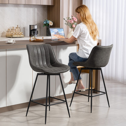 Set of 2 PU Leather Swivel Bar Stools - Grey