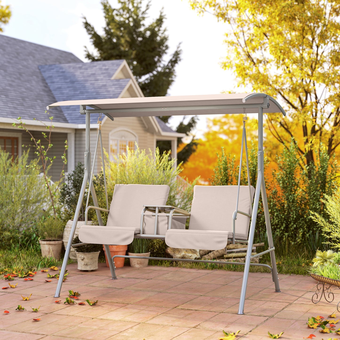 2 Seater Garden Swing Chair Patio Rocking Bench w/ Tilting Canopy, Double Padded Seats, Storage Bag and Tray, Beige