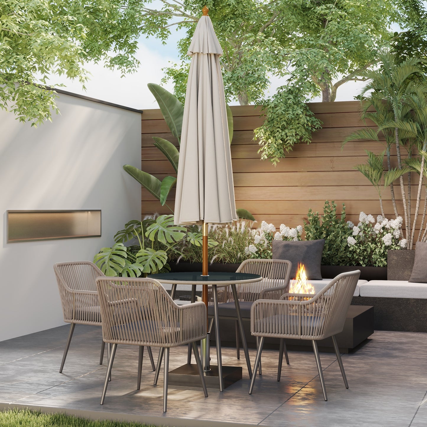 4 Seater Rattan Dining Set, Rattan Garden Furniture Set with Parasol Hole, Outdoor Dining Table and Chairs Set with Cushions