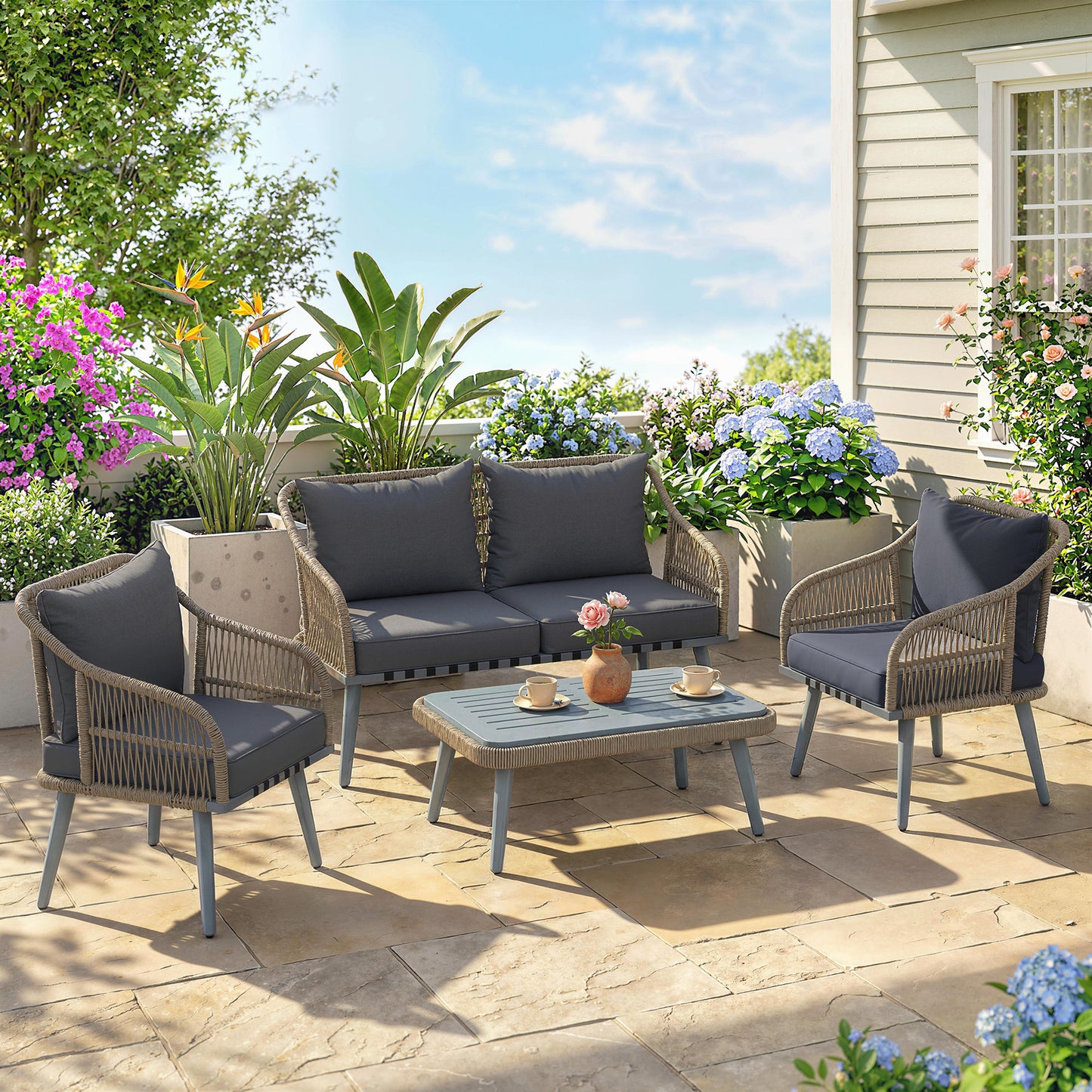 4 Piece Rattan Garden Furniture Set with Loveseat, Wicker Patio Conversation Set, Grey