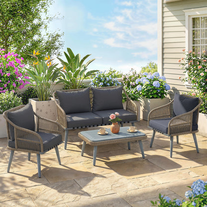 4 Piece Rattan Garden Furniture Set with Loveseat, Wicker Patio Conversation Set, Grey