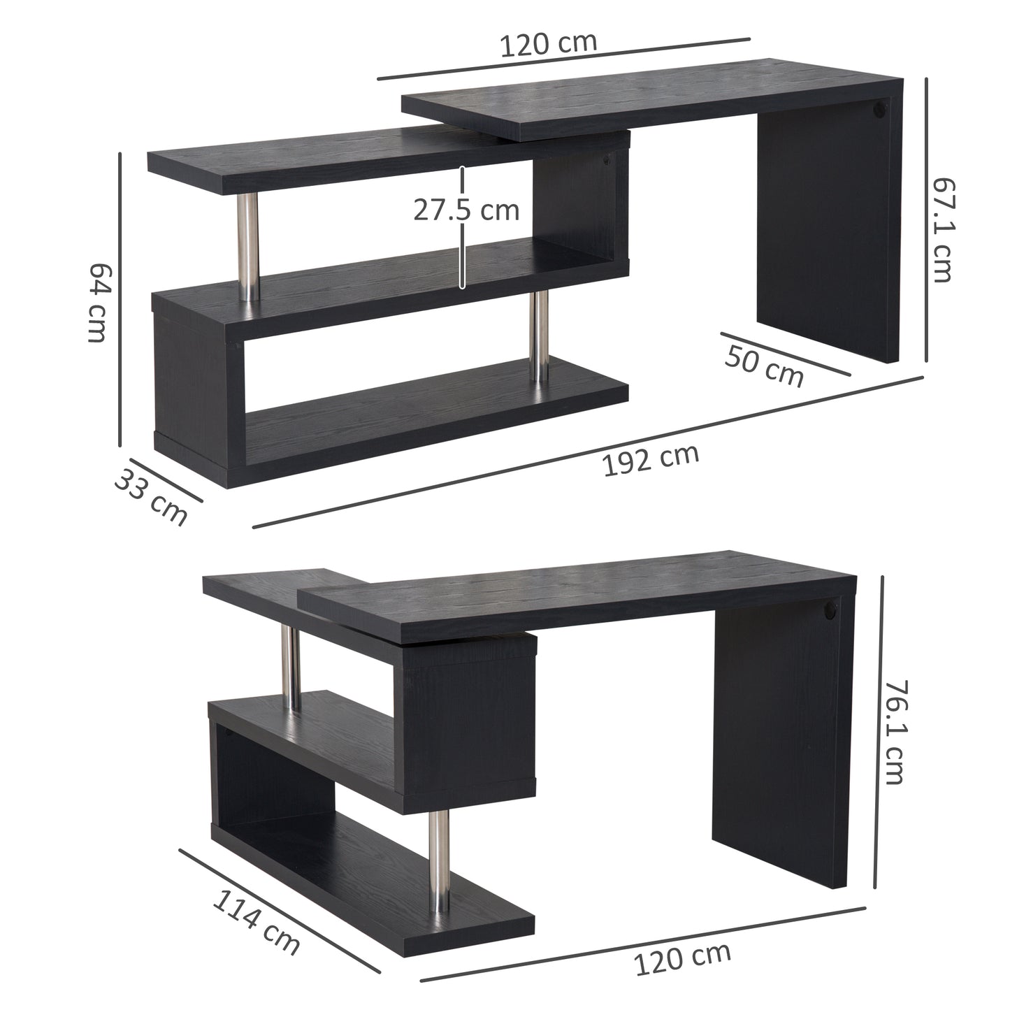 L Shaped Desk with 360° Rotating Storage Shelves, Corner Computer Desk, Space Saving Study Table for Home Office, Black