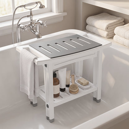 Shower Bench 2-Tier Shower Stool Bathroom with Shelf White and Grey