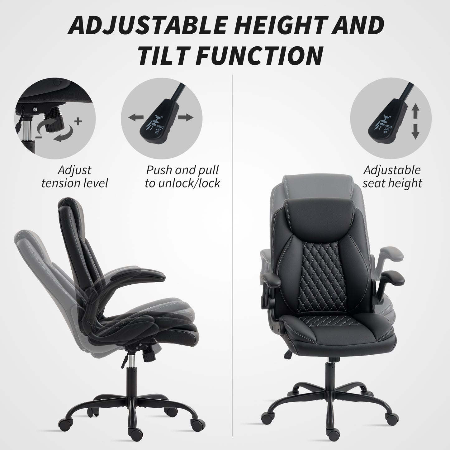 Faux Leather Office Chair. with Flip-Up Armrests - Black