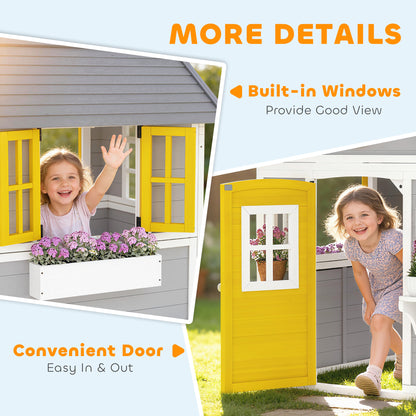 Wooden Playhouse with Doors, Windows, Plant Pots, Boxes, for 3-8 Years - Grey