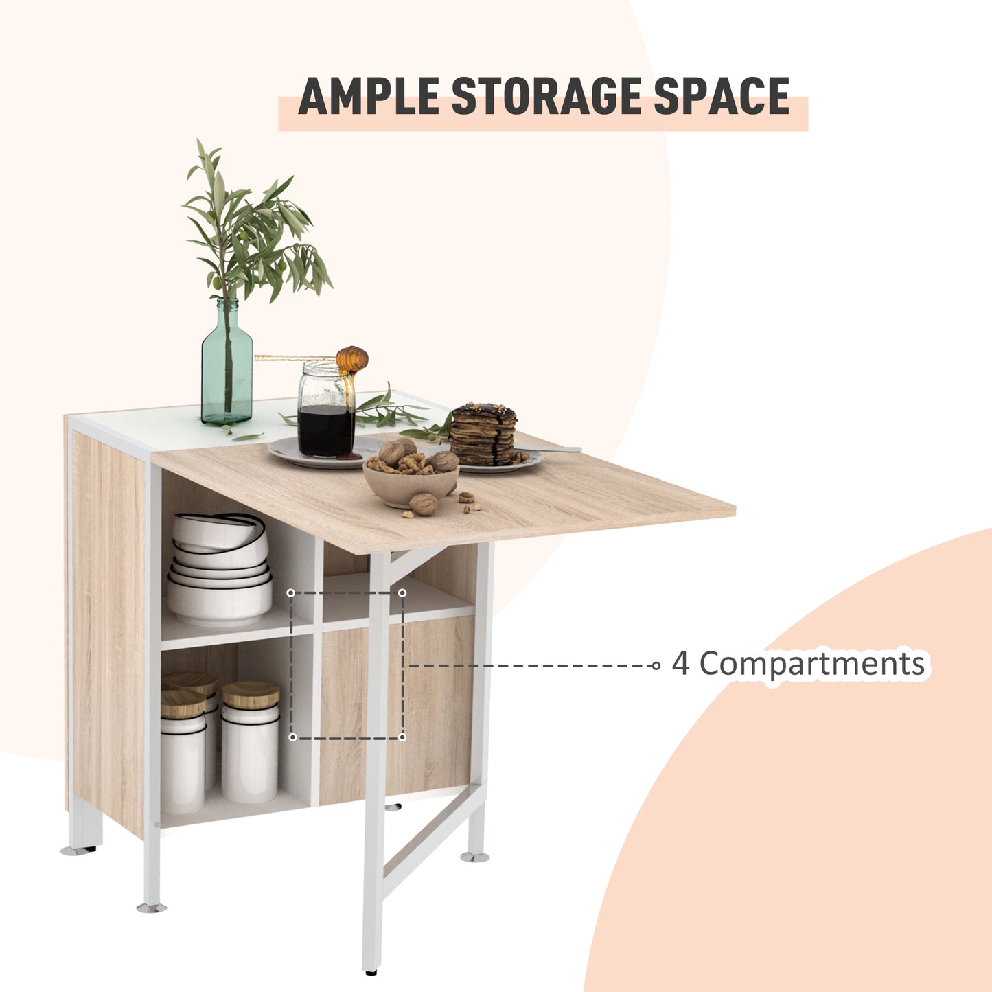 Foldable Drop Leaf Dining Table Folding Workstation for Small Space with Storage Shelves Cubes Oak & White