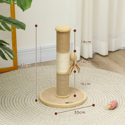 Cat Scratching Post for Indoor Cats, 47cm Tall Cat Scratcher with Jute Sisal Rope, Hanging Toy Ball, Feather, Brown