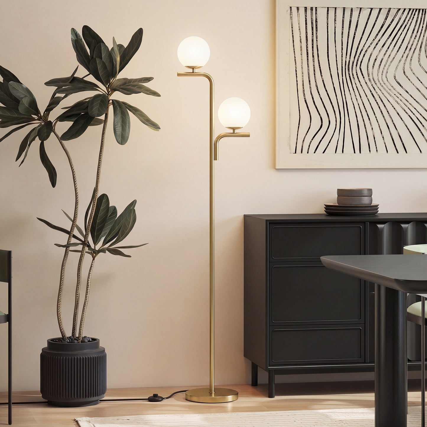 LED Floor Lamp, Modern Standing Lamp with 3 Colour Temperatures, Globe Glass Shades and Foot Switch, Gold Tone