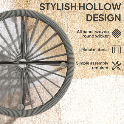 Rattan Side Table, Round Outdoor Coffee Table, with Round PE Rattan and Tempered Glass Tabletop, Light Grey