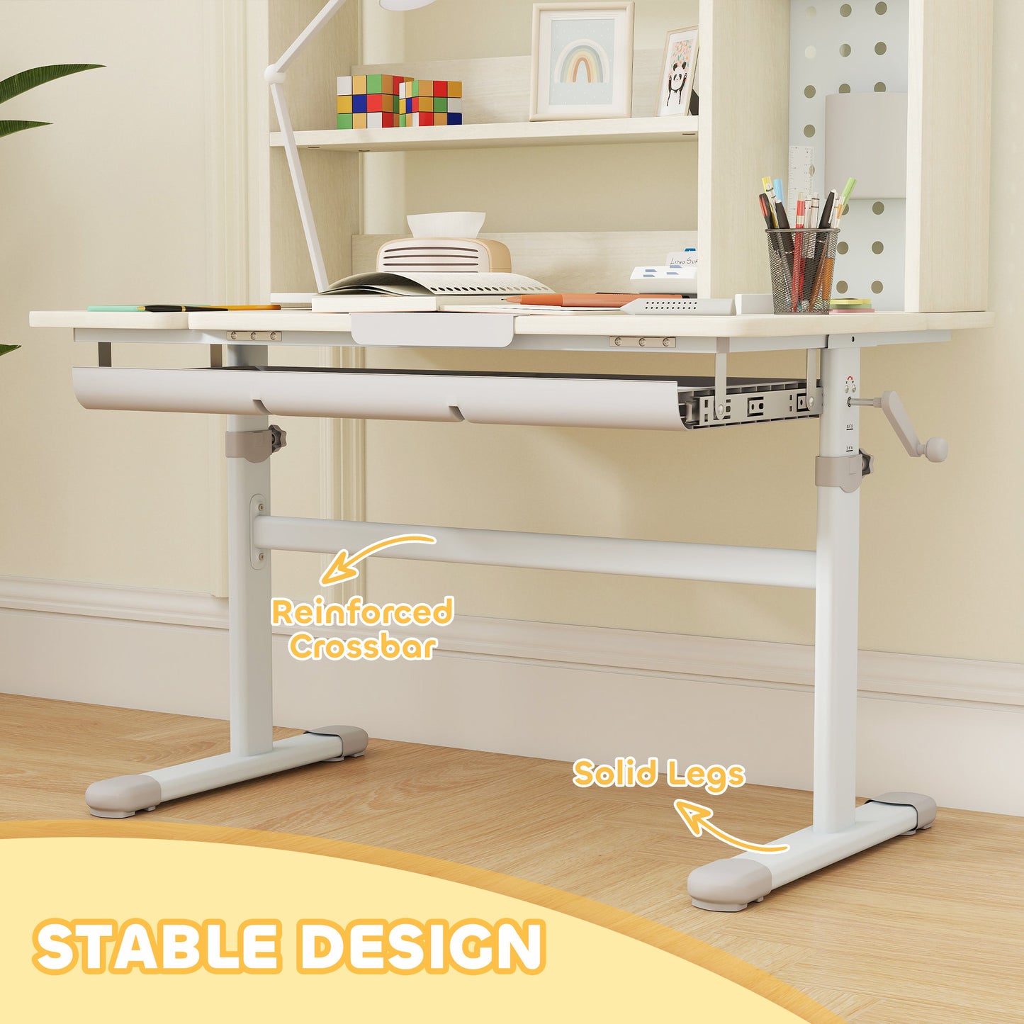 Kids Desk Height Adjustable with Tilt-Desktop, Hutch, Drawer, Storage Shelf, Pegboard, for 3-12 Years Old, Natural