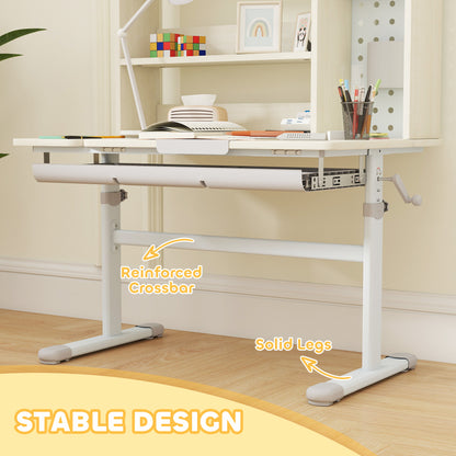 Kids Desk Height Adjustable with Tilt-Desktop, Hutch, Drawer, Storage Shelf, Pegboard, for 3-12 Years Old, Natural