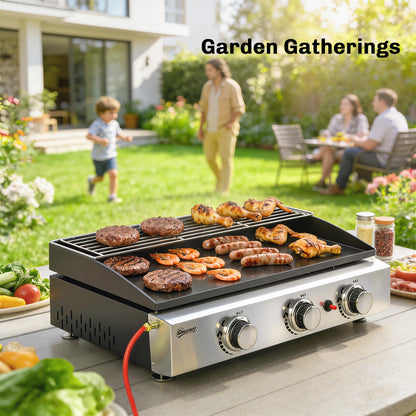 3 Burner Grill Griddle, Portable Gas Plancha with Warming Rack, 7.5 kW, Tabletop Gas BBQ with Grease Cup, Black