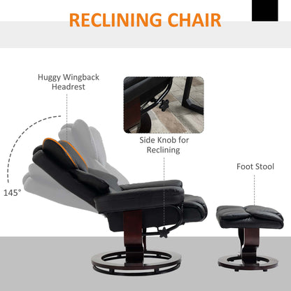 360° Swivel Recliner Chair with Footstool, PU Leather Manual Recliner Armchair with Footstool, Solid Wood Base