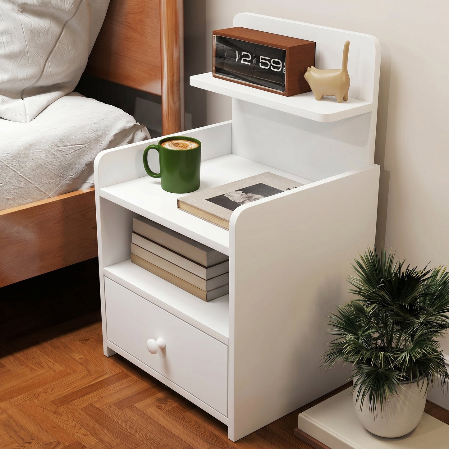 Bedside Cabinet, Bedside Table with Drawer and Shelf for Living Room, White
