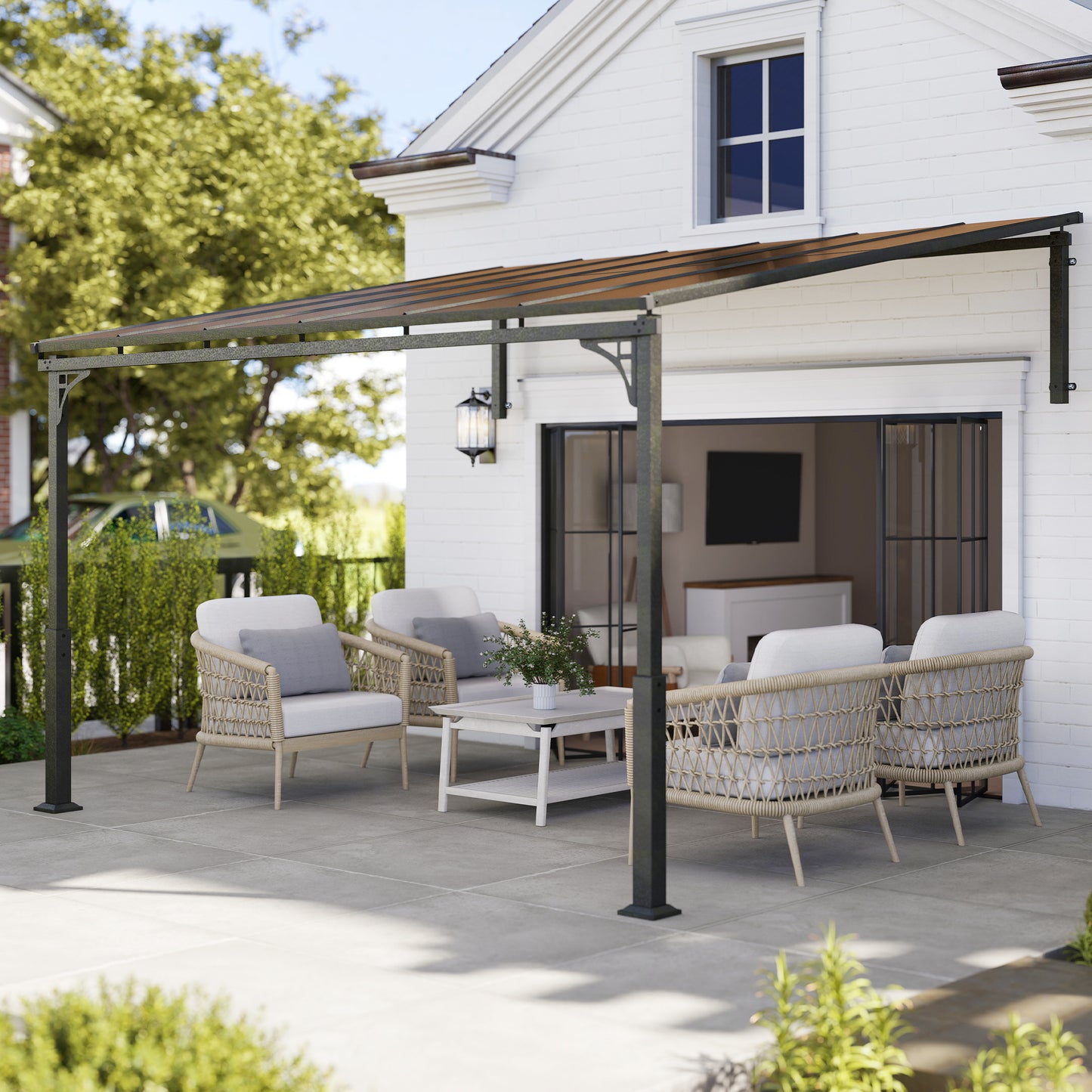 3.4 x 3 m Metal Lean-to Pergola, Wall-Mounted Garden Pergola with Polycarbonate Roof and Metal-Aluminium Frame