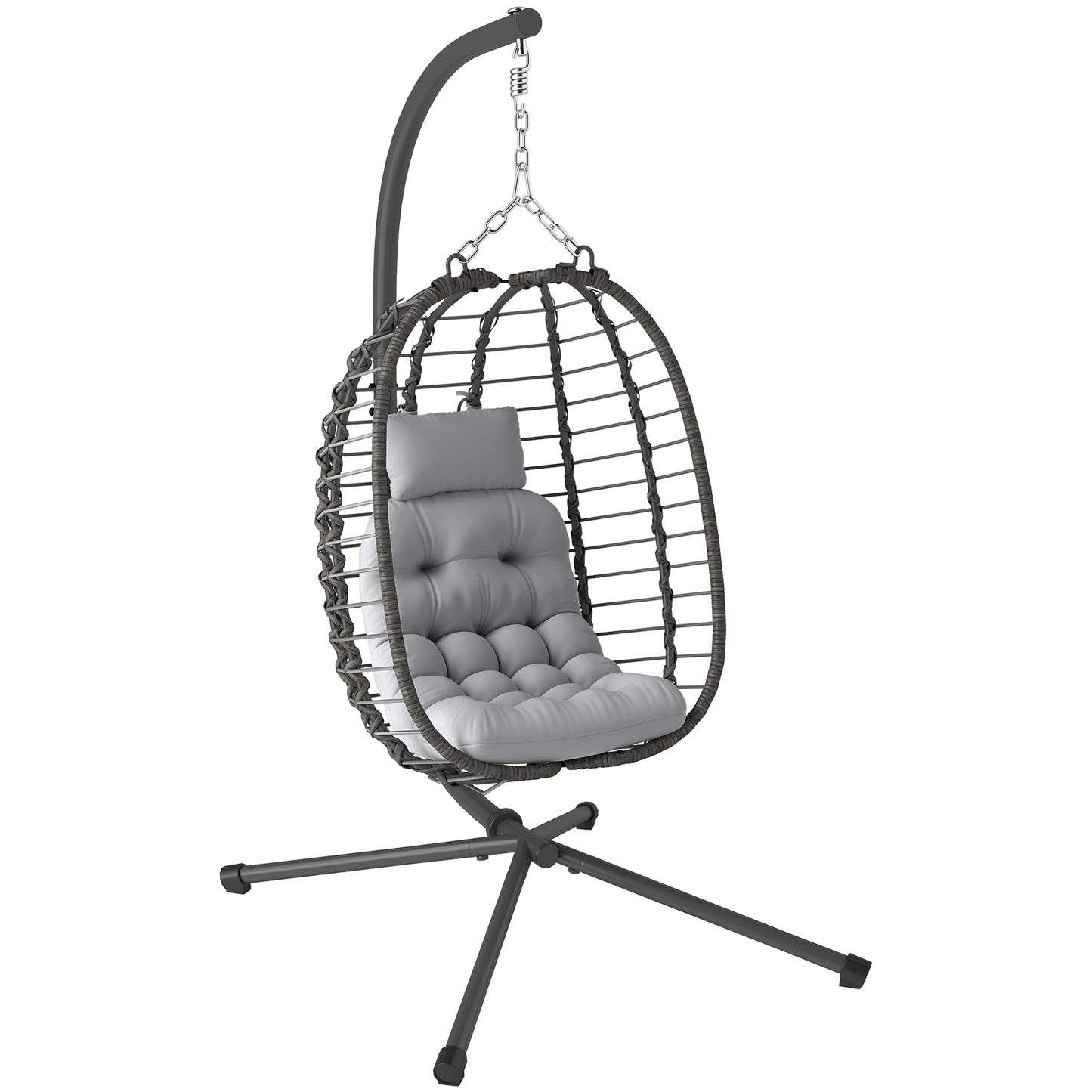 Rattan Hanging Egg Chair, Foldable Wicker Hammock Swing Chair with Cushion, Stand, Adjustable Height, Head Pillow