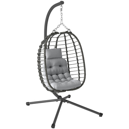 Rattan Hanging Egg Chair, Foldable Wicker Hammock Swing Chair with Cushion, Stand, Adjustable Height, Head Pillow