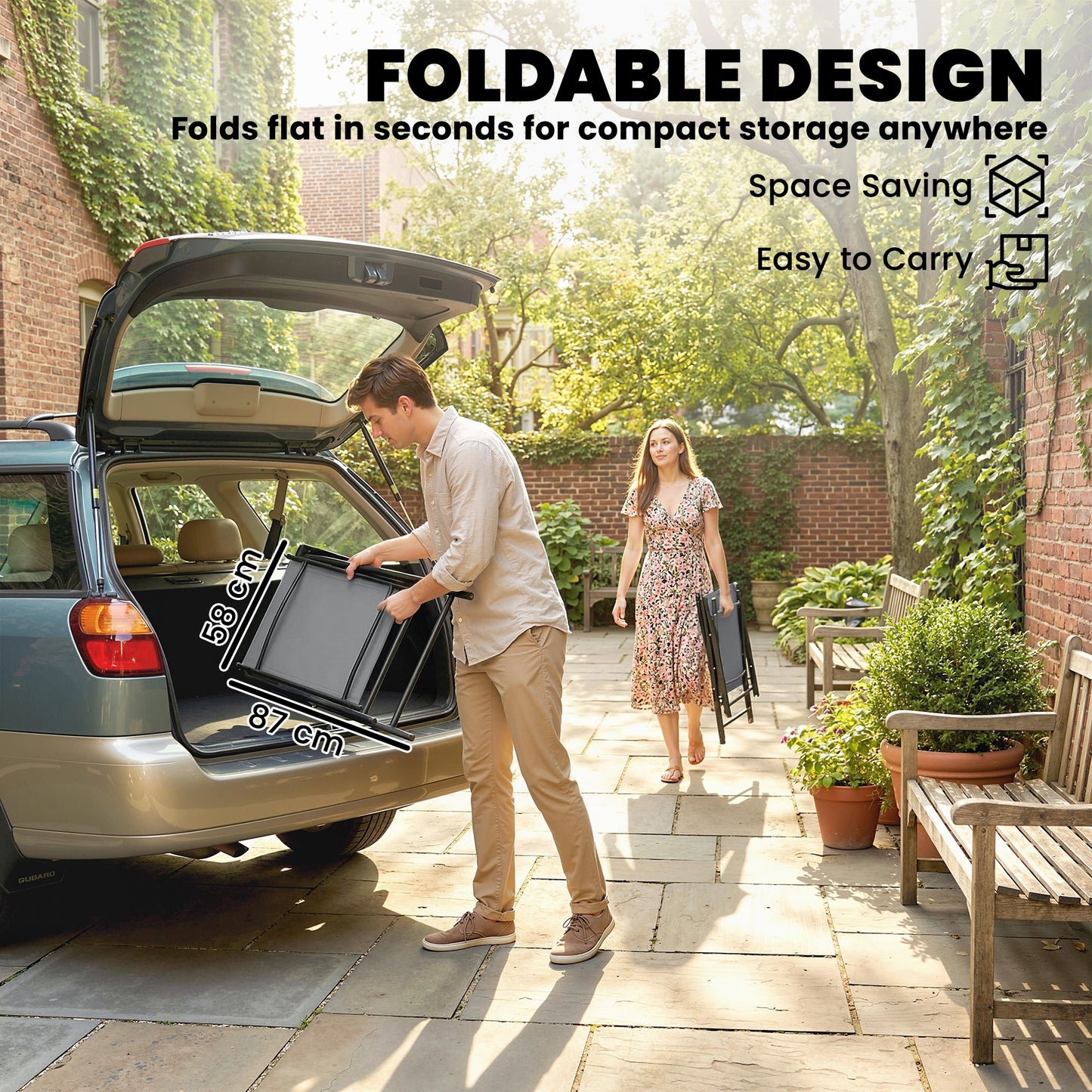 Folding Garden Chairs Set of 4, Foldable Garden Dining Chairs with High Back, Armrests, Texteline Seat, Light Grey