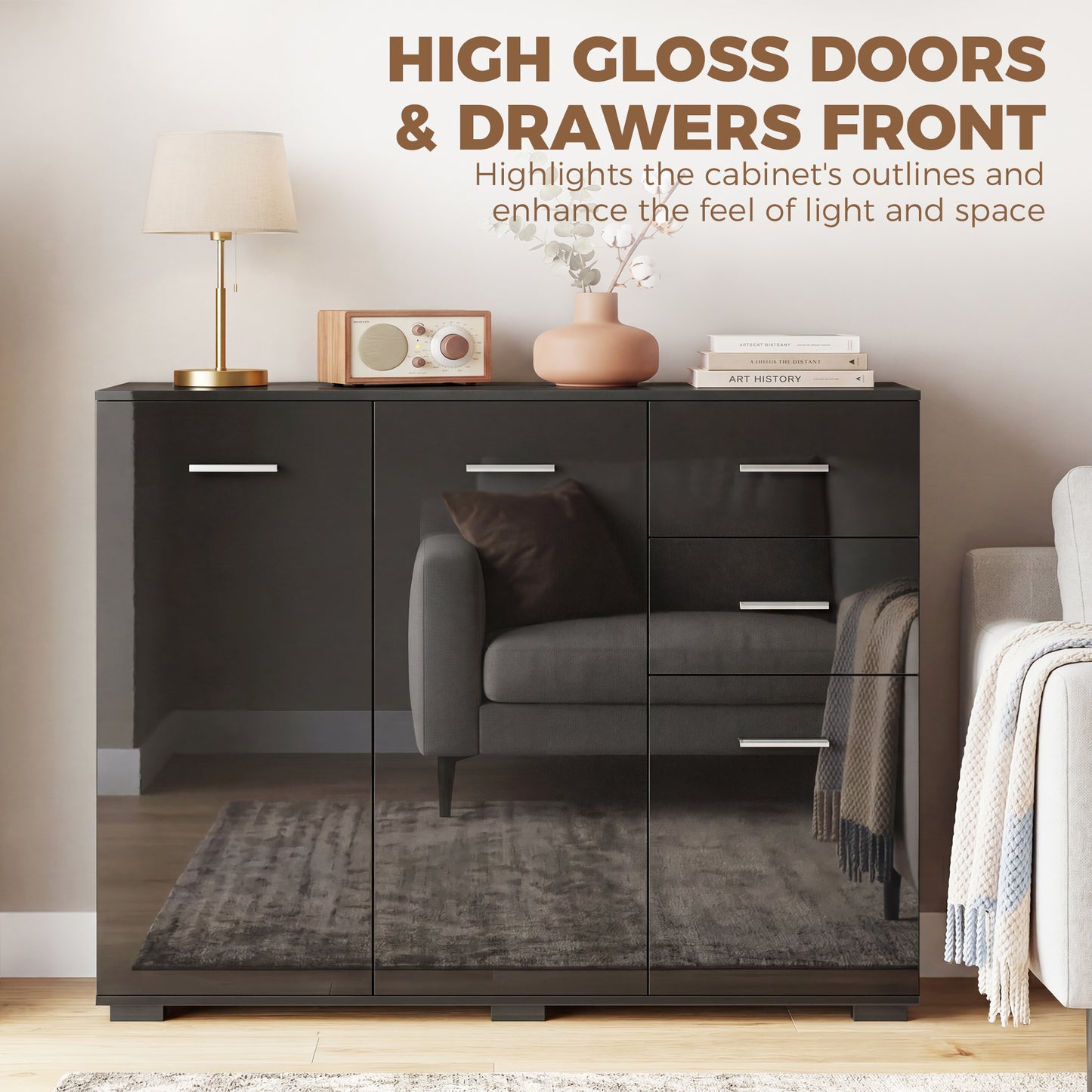 Sideboard, Modern Storage Cabinet with 2 Drawers, 3 Doors and Adjustable Shelves, High Gloss Black