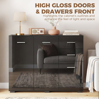 Sideboard, Modern Storage Cabinet with 2 Drawers, 3 Doors and Adjustable Shelves, High Gloss Black