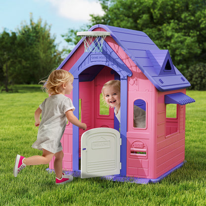 5-in-1 Playhouse for Kids Outdoor Indoor with Basketball Hoop, Football Goal, Dartboard, Ring Toss for 2-5 Years, Pink