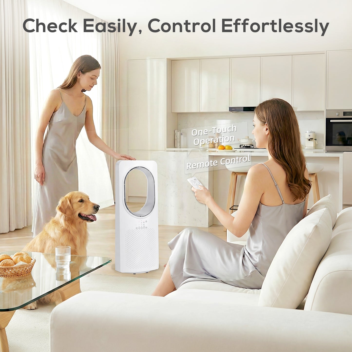 Bladeless Tower Fan for Bedroom, 36dB Standing Cooling Fan with Oscillating, 3 Speeds, 3 Modes, 15H Timer, White