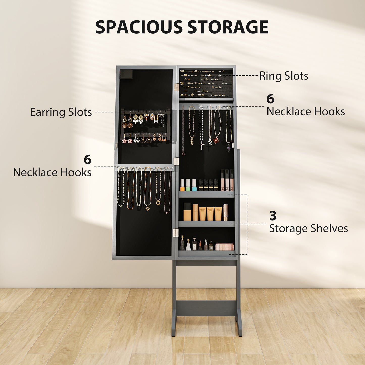 Freestanding Mirrored Jewellery Storage Cabinet - Grey