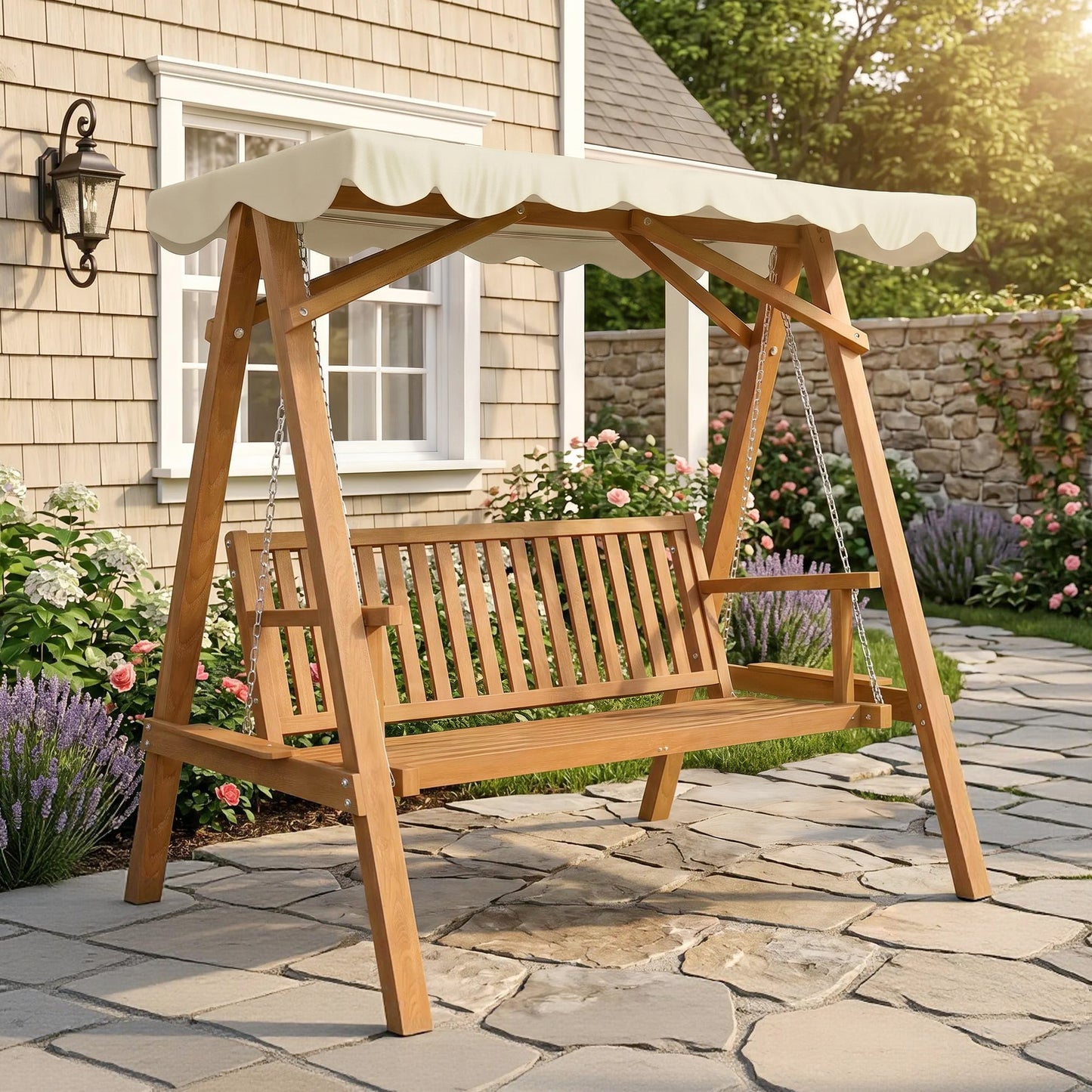 3 Seater Garden Swing Seat with Canopy, Wooden Swing Chair, Outdoor Hammock Bench for Balcony Patio Porch, Cream White