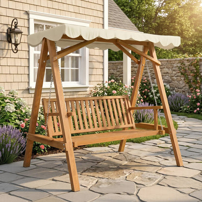3 Seater Garden Swing Seat with Canopy, Wooden Swing Chair, Outdoor Hammock Bench for Balcony Patio Porch, Cream White
