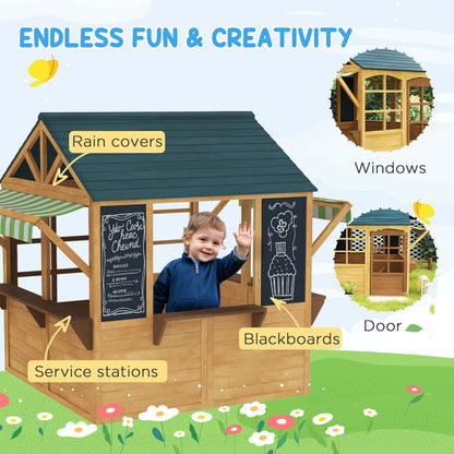 Wooden Playhouse for Kids, Foldable Wendy House with Windows, Working Door, Service Stations, Rain Covers, Brown