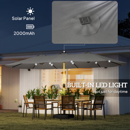 Double Sided Garden Parasol with Base Included & 48 Solar LED Lights Patio Umbrella Crank Handle 4.6m Light Grey