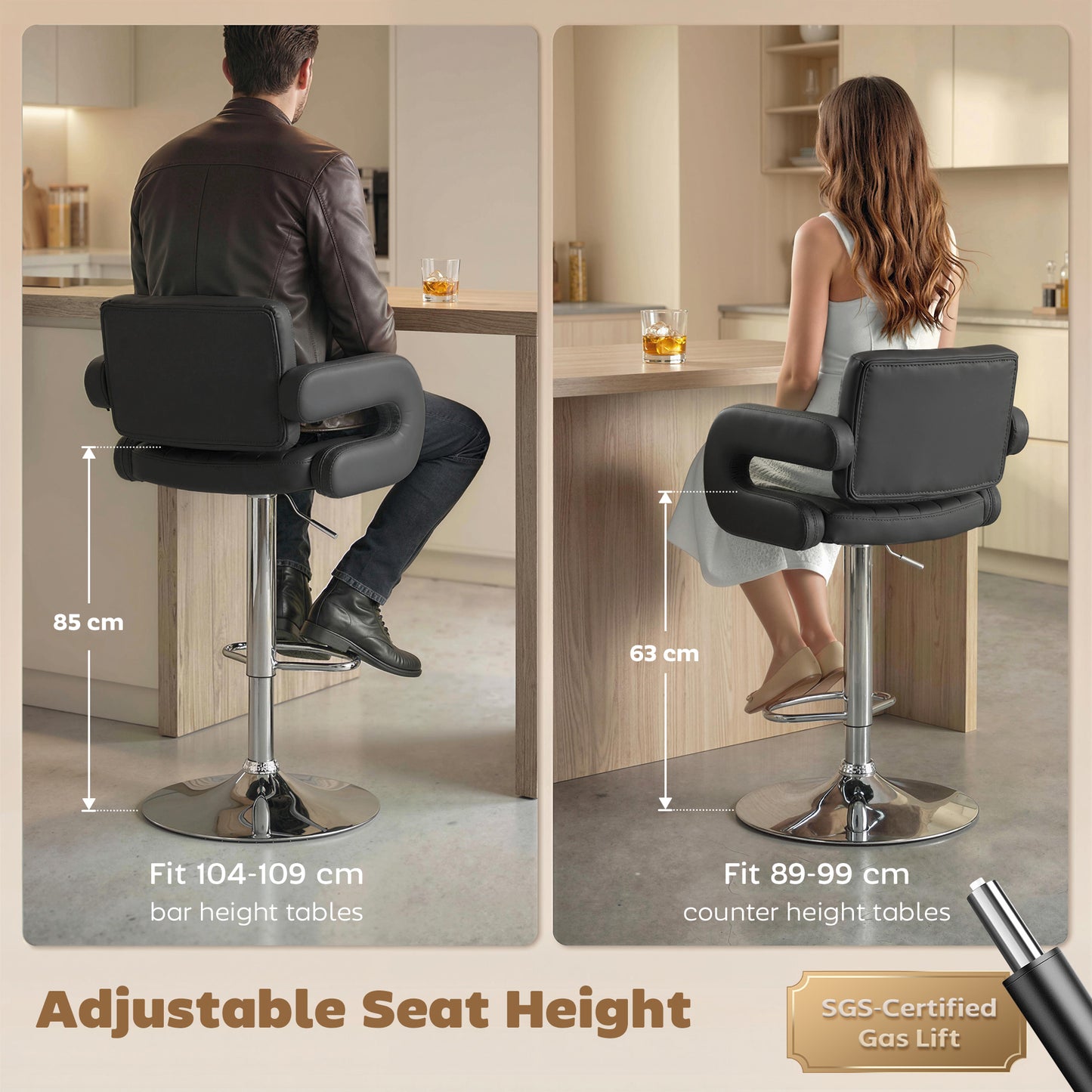 Bar Stools Adjustable Swivel Kitchen Chairs with Backrest Armrest Set of 2 PU Leather Black