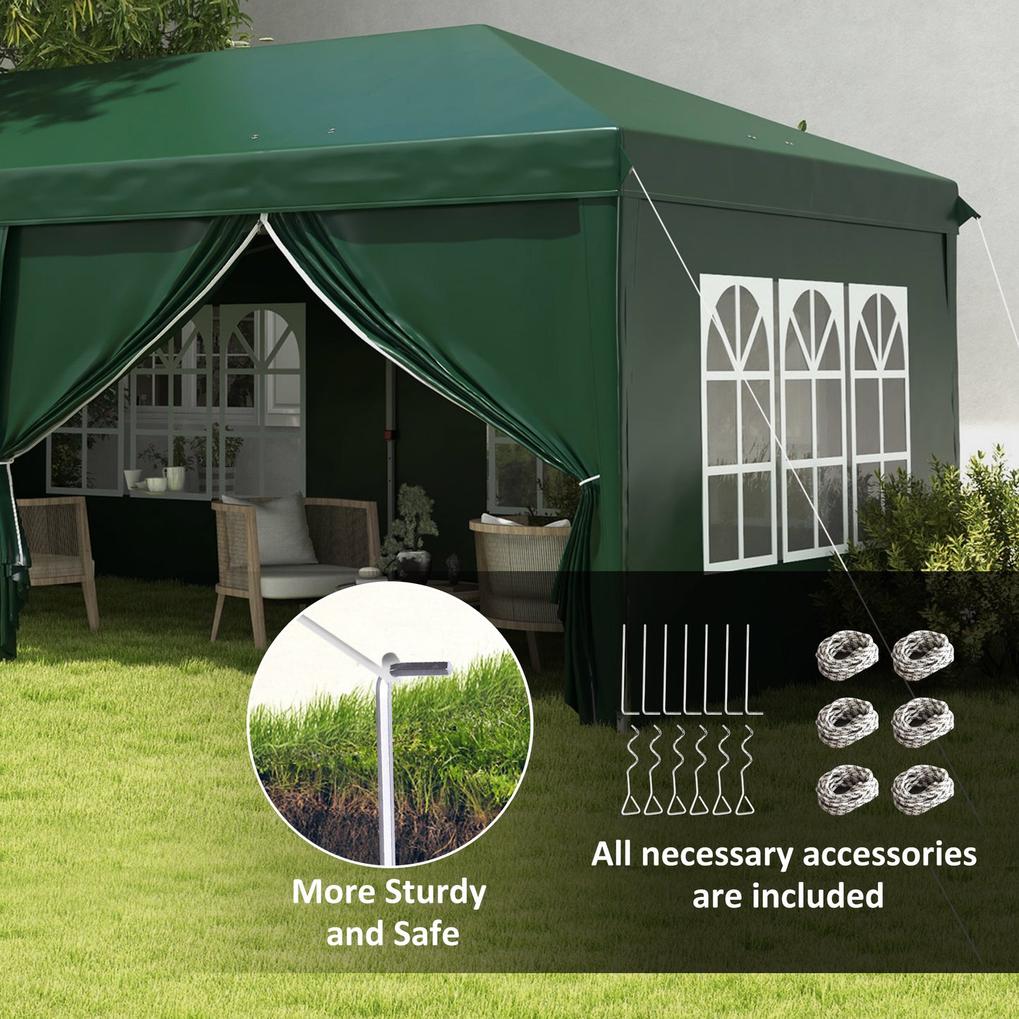 3x6m Pop-Up Gazebo, with Curtain Walls and Windows, Green