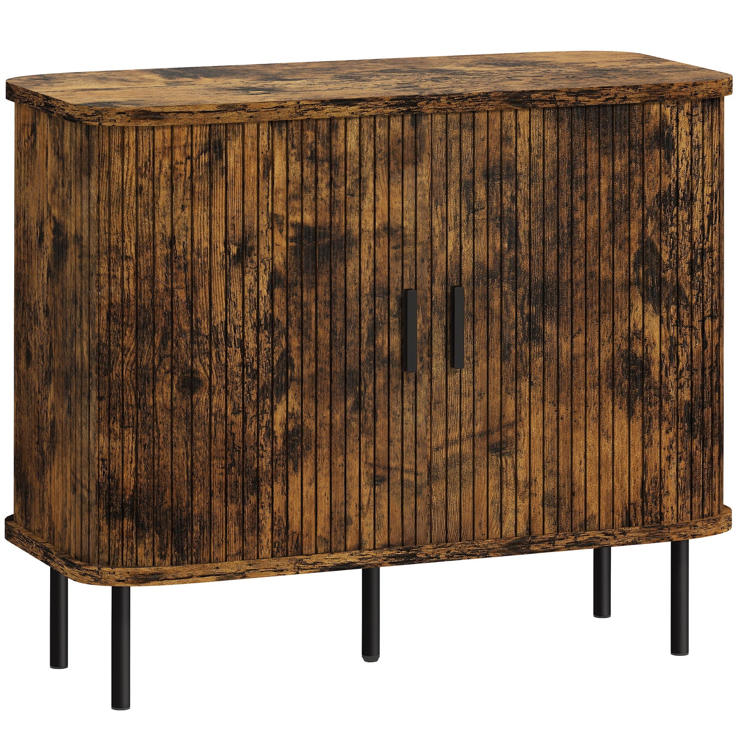 Mid-Century Modern Sideboard Storage Cabinet with Slatted Tambour Sliding Doors, Kitchen Cabinet with Steel Legs
