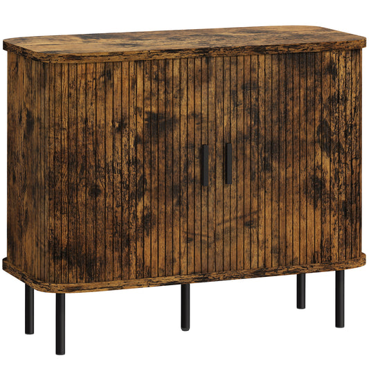 Mid-Century Modern Sideboard Storage Cabinet with Slatted Tambour Sliding Doors, Kitchen Cabinet with Steel Legs