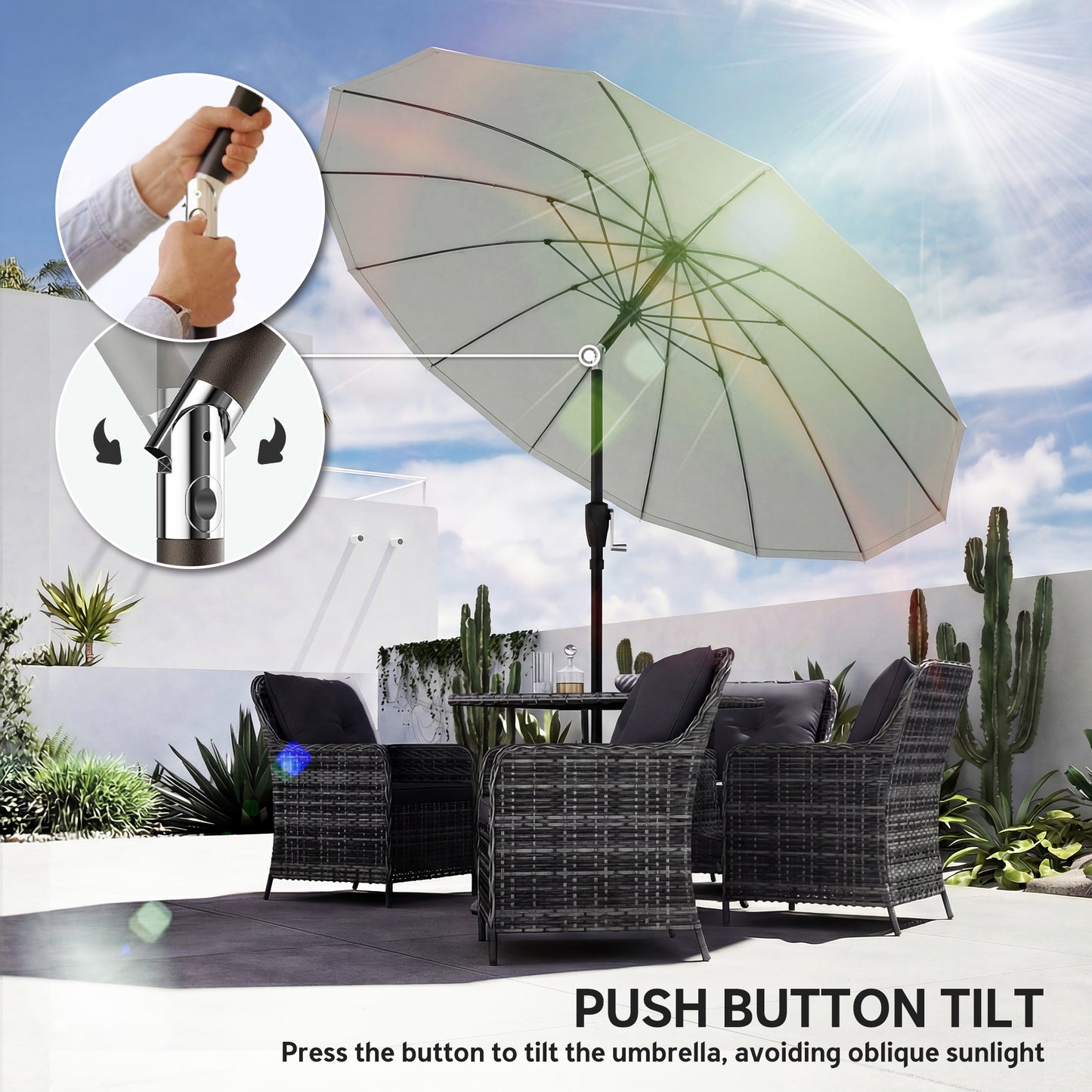 2 m Shanghai Garden Parasol Umbrella with 16 Fibreglass Ribs, Outdoor Parasol Sun Shade with Crank & Tilt, Light Grey