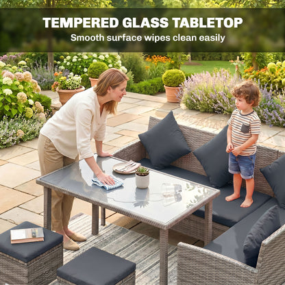 tsunny 6-Seater Rattan Dining Set Sofa Table Footstool Outdoor w/ Cushion Garden Furniture, Dark Grey