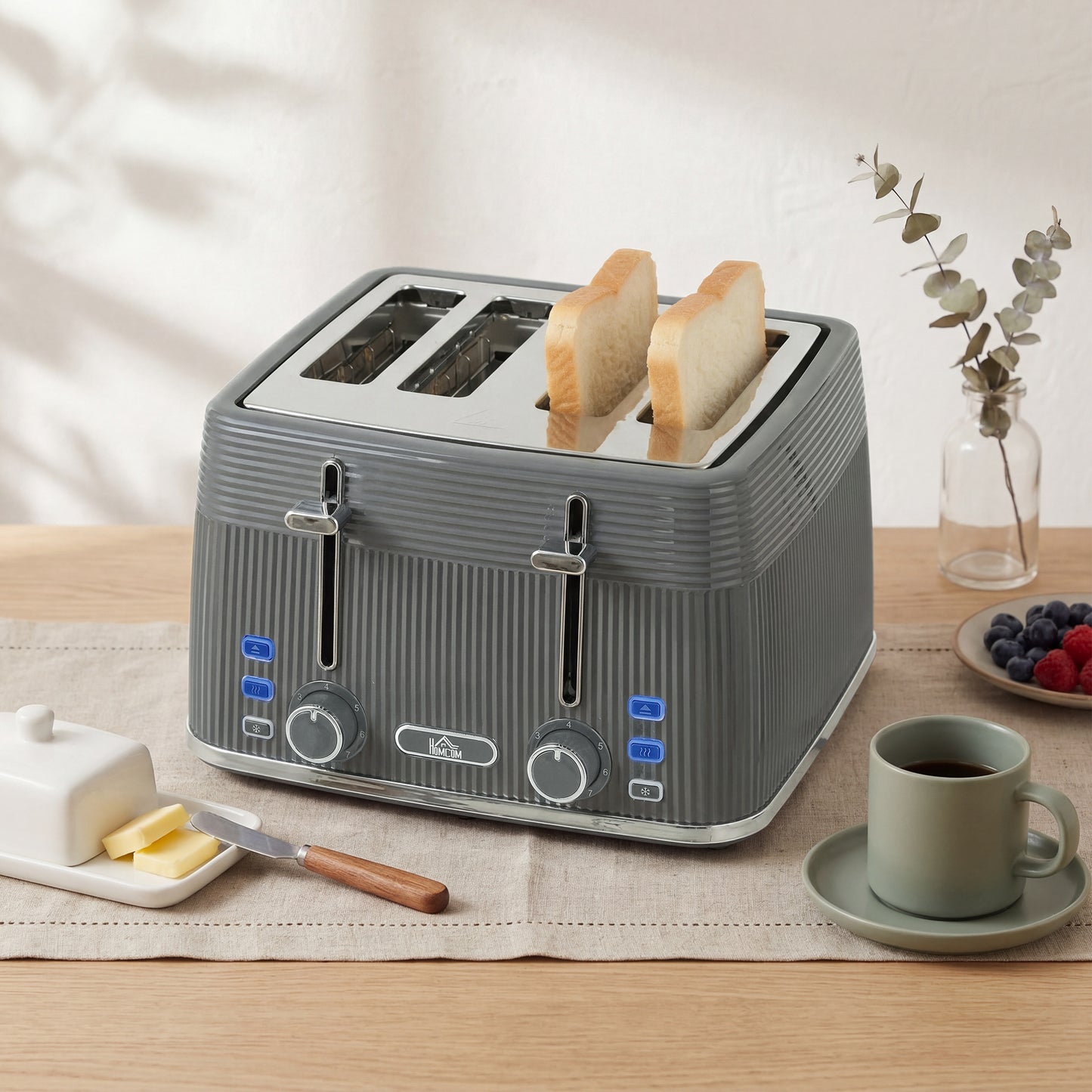 4 Slice Toaster with 7 Browning Levels, Bread Toaster with Removable Crumb Tray, Grey