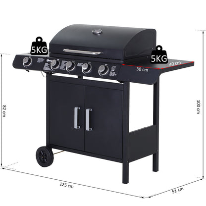 4+1 Burner Gas BBQ Grill, Outdoor Barbecue Trolley with Wheels, Warming Rack, Side Shelves, Cabinet, Thermometer for Garden