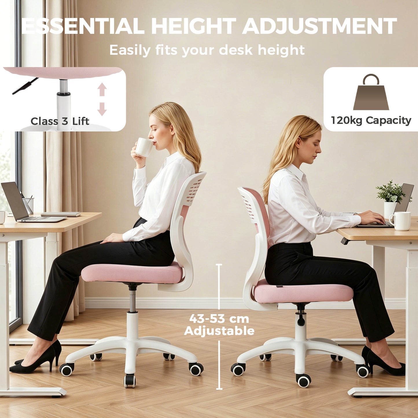 Office Chair, Armless Computer Desk Chair with Breathable Mesh, Adjustable Height, Swivel Wheels, Pink