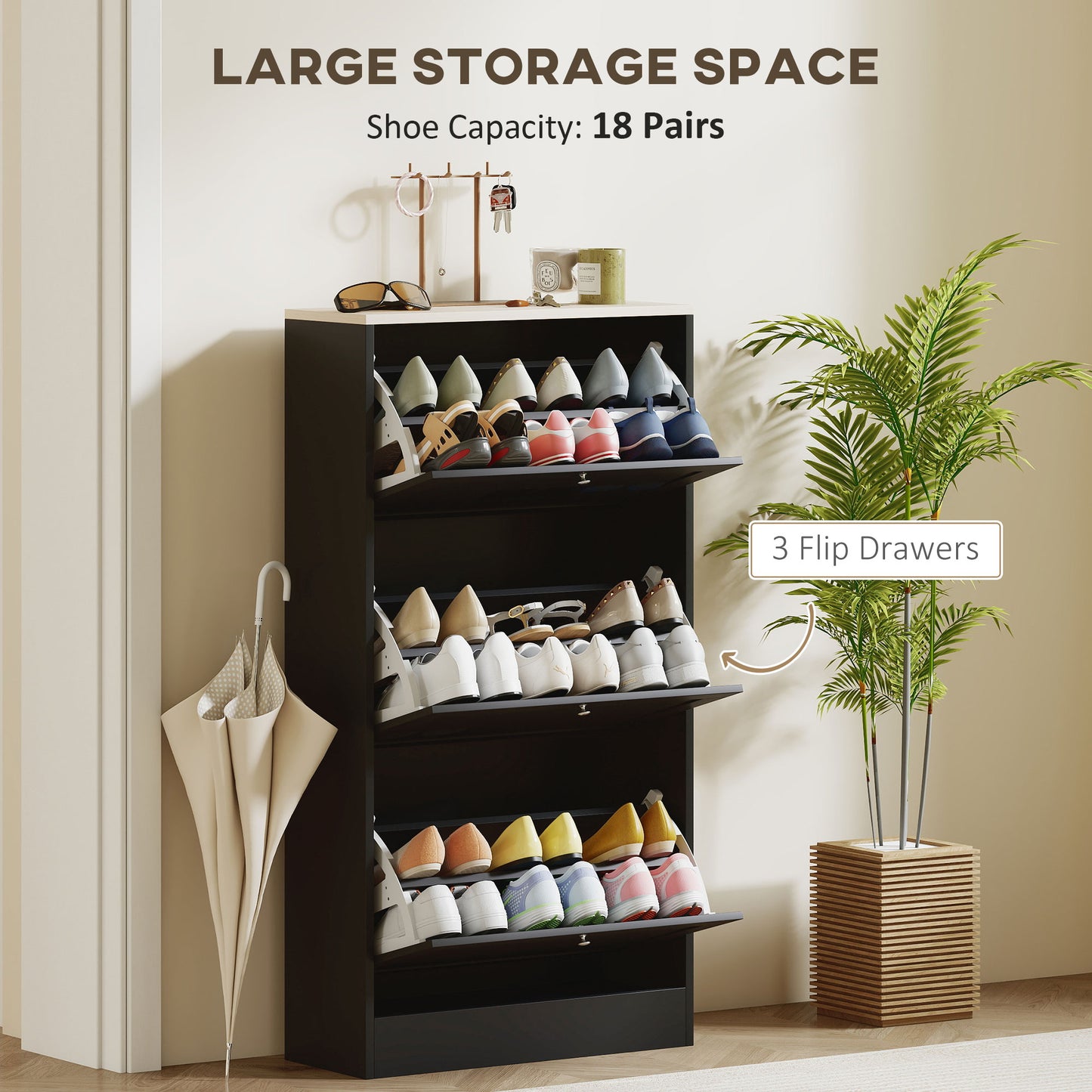Modern Compact Three-Drawer Shoe Storage Cabinet - Black