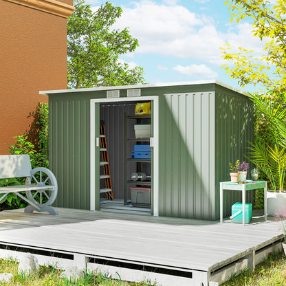 9ft x 4ft Metal Garden Shed, Outdoor Tool House with Foundation Kit, Ventilations and Double Doors, Light Green