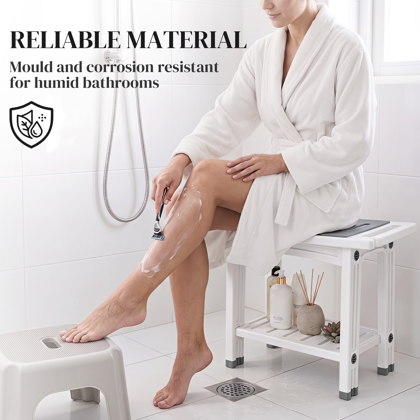 Shower Bench 2-Tier Shower Stool Bathroom with Shelf White and Grey
