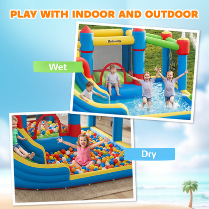 6 in 1 Kids Bouncy Castle, with Water Slide, Water Gun, Climbing Wall, Air Blower for Indoors/Outdoors, 3.9 x 3 x 2m