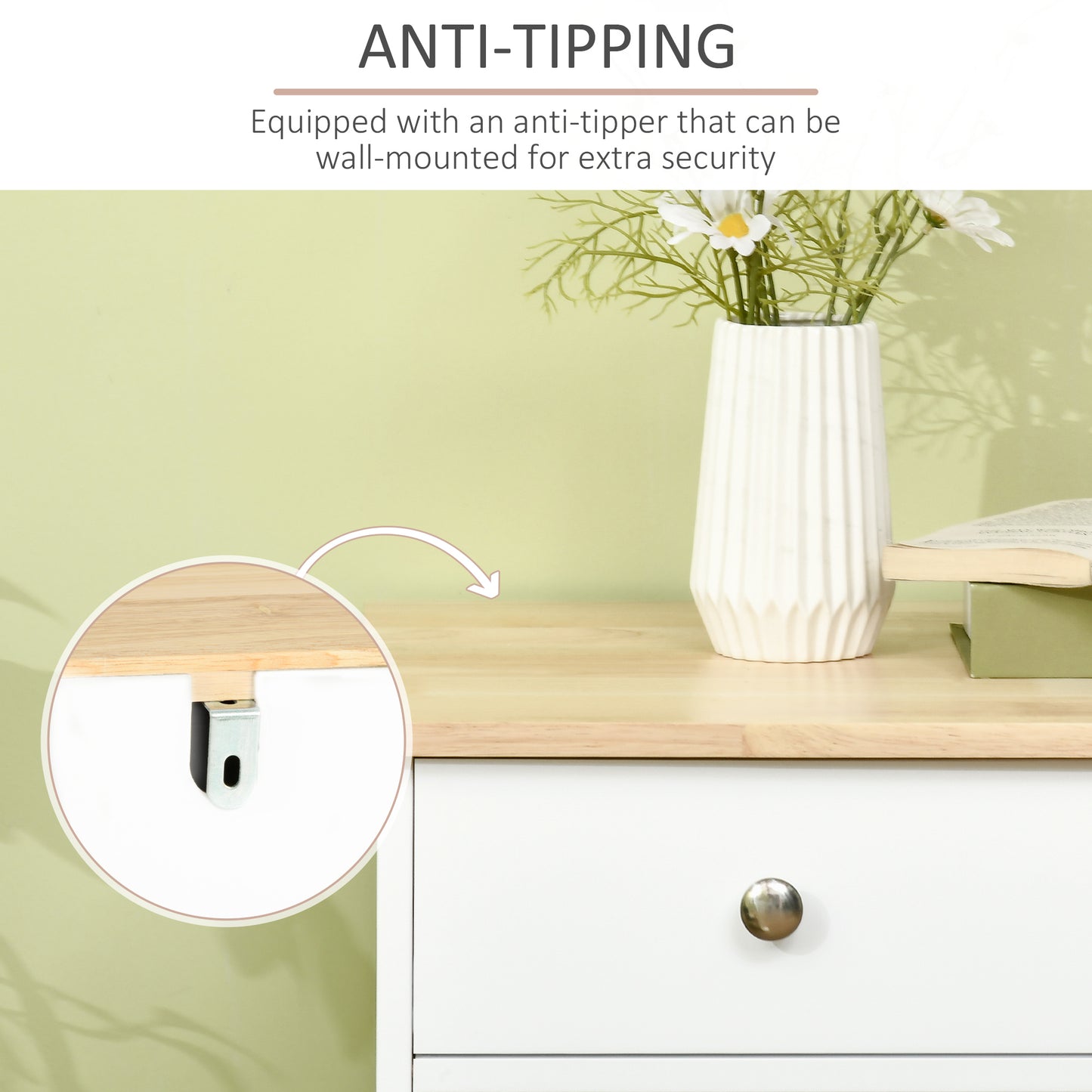 Sideboard with Rubber Wood Top, Modern Storage Cabinet with 3 Adjustable Shelves, White