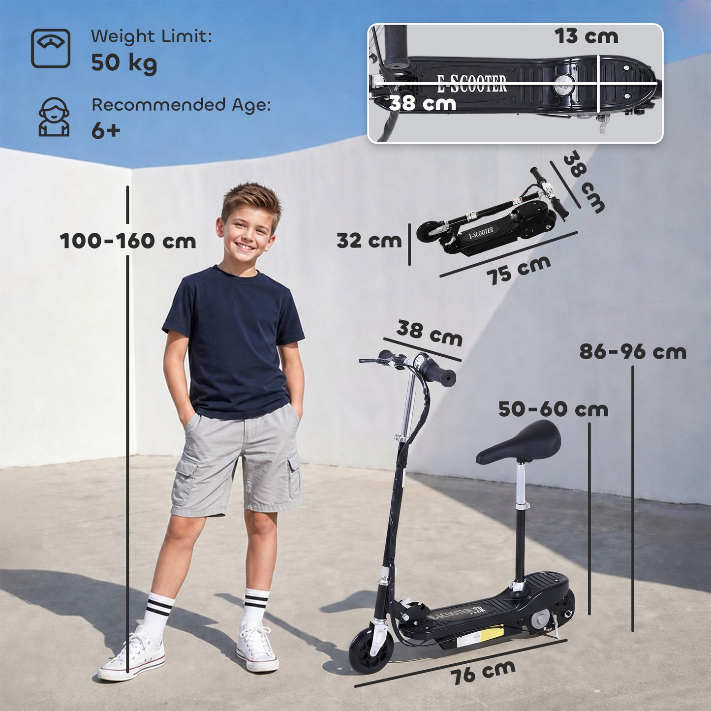 Powered Powered Scooter Ride-On, with Brakes, Adjustable Seat, Adjustable Handlebars, Black